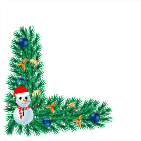 Christmas corner with decoration balls and a cute snowman. Xmas corner with golden leaves and snow. Christmas corner, Christmas element, dark green leaves, blue ball, snowman, decoration balls.のイラスト素材