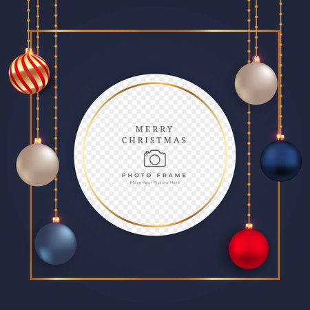 Christmas photo frame design with luxurious red, blue, and white decorative balls. Realistic social media photo frame design with the 3D balls. Christmas photo frame design with decoration balls.のイラスト素材