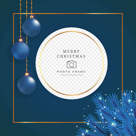 Christmas photo frame with blue decoration ball and blue leaves. Xmas photo frame on dark background. Merry Christmas photo frame element with glowing snowflakes and golden frame.のイラスト素材