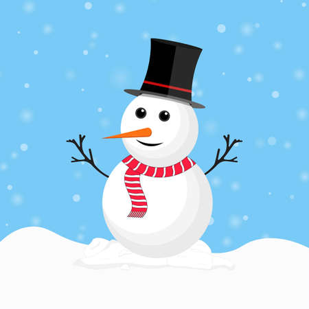 Christmas Snowman with magician hat. Snow falling background with a snowman. Snowman with a red scarf. Christmas element design with tree branch, black hat, carrot nose, and snowflakes.のイラスト素材