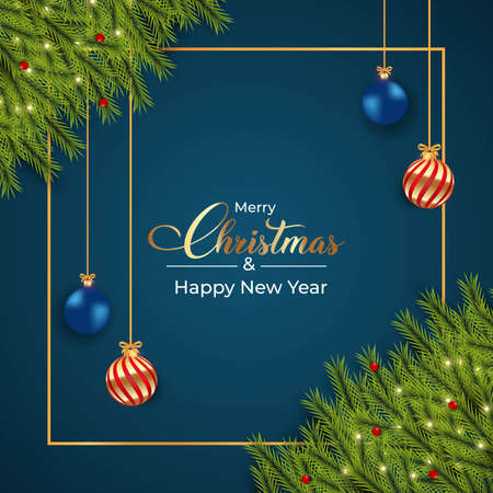 Christmas dark blue background design with luxurious red, blue, and golden decoration balls and pine tree leaves. Realistic background design with pine leaves. Christmas wreath design with calligraphy.のイラスト素材