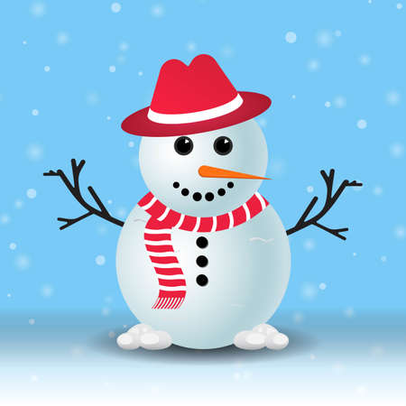 Christmas Snowman with a red hat. Snow falling background with a snowman. A Snowman with a red scarf. Christmas element design with tree branches, a red hat, carrot nose, snowballs, and snowflakes.のイラスト素材
