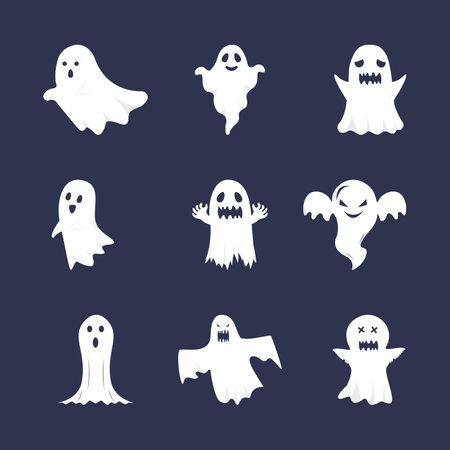 Halloween flat ghost vector collection. Cute ghost bundle. White ghosts on dark background. Set of Halloween cute ghosts. Flat Halloween ghost design.のイラスト素材