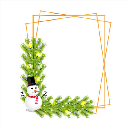 Christmas frame with star lights on a white background. Xmas frame with a cute snowman and snowflake. Christmas lights, Xmas frame, green pine leaves, snowflakes, cute eyes, snowman, star lights.のイラスト素材
