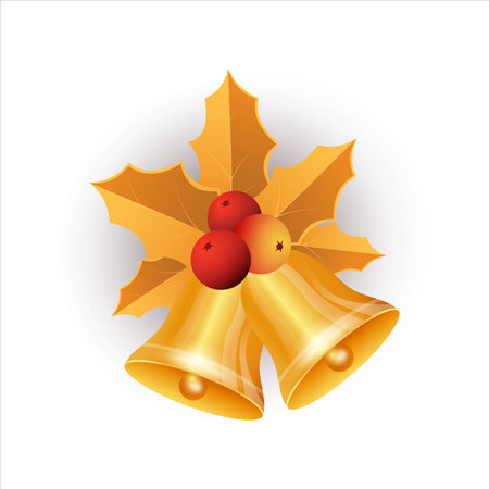 Christmas golden bells set with red berries. Xmas bell collection with green and golden leaves. Golden bell, red berries, golden leaves, pine branch, green leaves, holly berries, Jingle bells.のイラスト素材