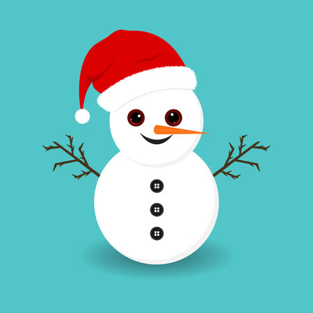 Christmas snowman with cute eyes and carrot nose. Snowman on a blue background. Christmas elements. Christmas cute snowman design with tree branches, buttons, winter hat, and smiling face.のイラスト素材