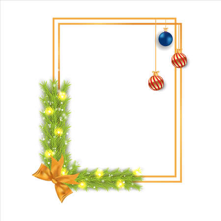 Christmas frame with decoration balls, pine leaves, snowflakes. Xmas frame with golden ribbon. Christmas photo frame with snowflakes, lights, blue ball, golden ball, green leaves on white background.のイラスト素材