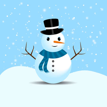 Christmas snowman with cute eyes and a magician hat. A cute snowman on a snow falling background. Christmas snowman design with tree branches, buttons, a carrot nose, neck scarf, and smiling face.のイラスト素材