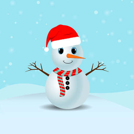 Christmas Snowman with a red scarf. Snow falling background. Snowman with cute eyes and a Santa hat.のイラスト素材