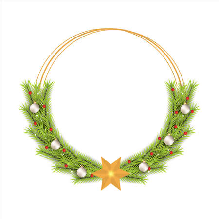Christmas frame with green pine leaves and white decoration ball. Xmas frame with red berries. Christmas white ball, Xmas frame, round frame, green pine leaves, snowflakes, golden star, holly berries.のイラスト素材