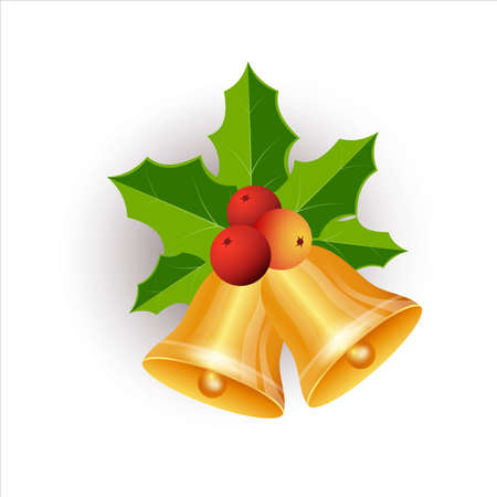 Christmas golden bells set with red berries. Xmas bell collection with green and golden leaves. Golden bell, red berries, golden leaves, pine branch, green leaves, holly berries, Jingle bells.のイラスト素材