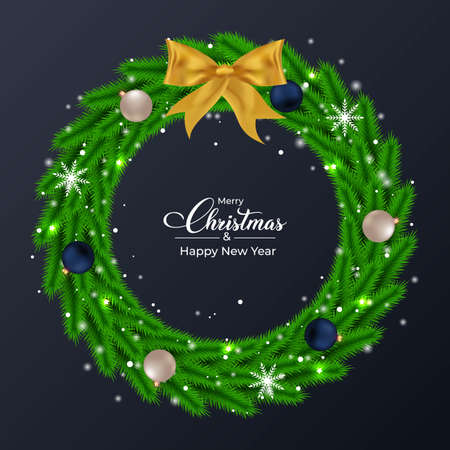Christmas green wreath design with blue and white decoration light balls. Green color wreath design with lights and snowflakes. Christmas wreath design with calligraphy and dark blue color background.の写真素材