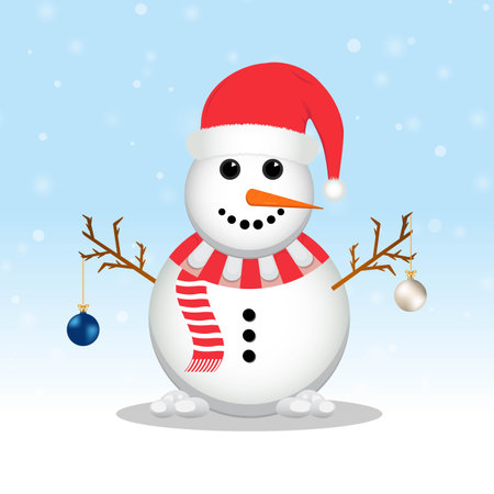 Christmas Snowman with a Santa hat. Snow falling background. A Snowman with decoration balls. Christmas element design with blue and white decoration balls, a Santa hat, carrot nose, and snowballs.のイラスト素材