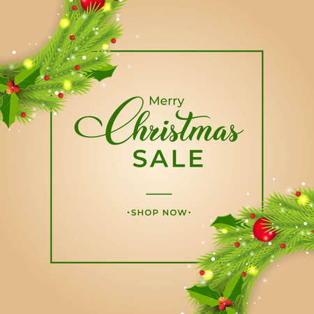 Christmas sales banner with green wreaths and red berries. Xmas sales banner on a golden background. Merry Christmas banner with red decoration balls and glowing snowflakes. Christmas elements.のイラスト素材