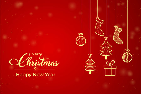 Hand drawn merry Christmas background design. Christmas background with gift, pine tree golden icon. Christmas banner with golden element icons on a red background. Xmas banner or card design.のイラスト素材
