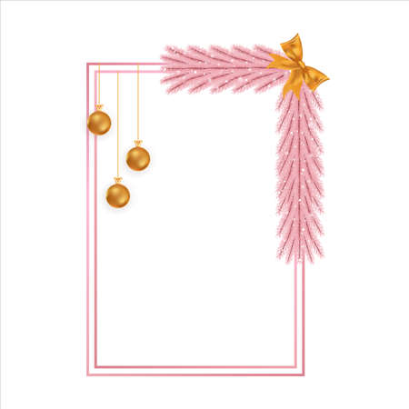 Christmas girly frame with pink pine leaves, snowflakes, golden ball. Xmas pink frame with ribbon. Merry Christmas pink decoration elements with a golden ribbon and golden balls. Christmas elements.のイラスト素材