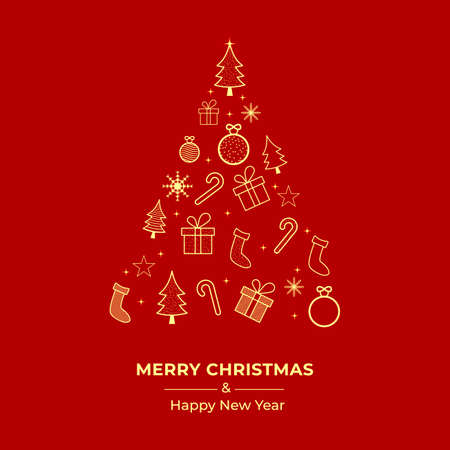 Christmas greeting card design with Christmas tree. Christmas card with golden ornaments. Gift box. Social media banner with the pine tree, candy cane, sock on a red background. Xmas banner, Xmas cardのイラスト素材