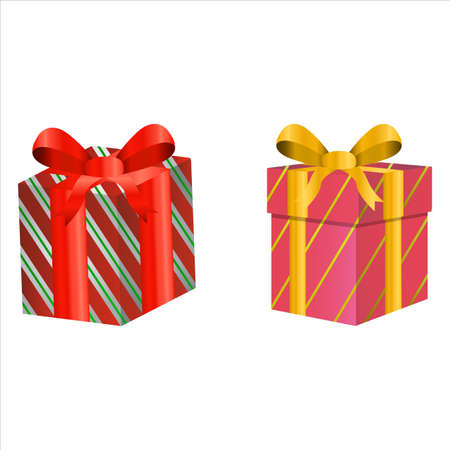 Christmas set of gifts vector design on a white background. Gift box design with pink and red color wrap paper with golden and red color ribbon. Gift design for anniversaries or Christmas events.のイラスト素材