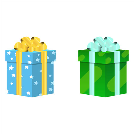 Christmas set of gifts vector design on a white background. Gift box design with green and light blue color wrap paper with golden and white color ribbon. Gift design for anniversaries or Christmas.のイラスト素材