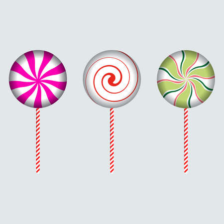 Christmas round candy with red, off-white, pink, and lime color strips. Sweet candy design on an ash background. Set of three Christmas candies. Christmas candy vector design collection.のイラスト素材