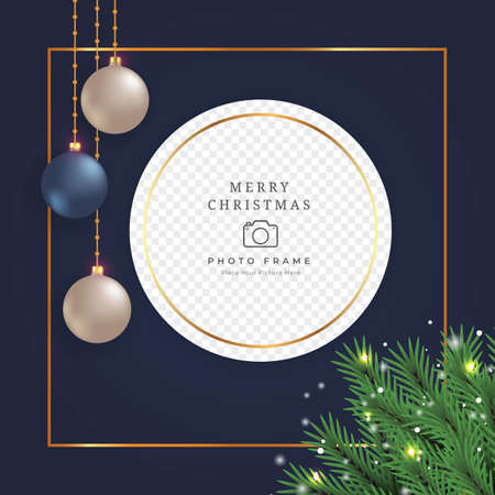 Christmas photo frame elements with a luxurious background with the blue and white color ball. Photo frame design with snowflake and decoration ball. Realistic 3D frame design with pine tree elements.のイラスト素材