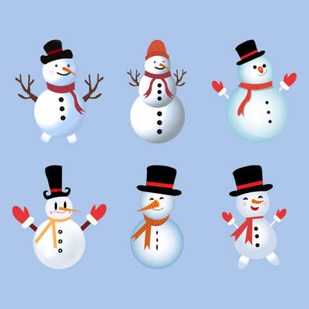 Christmas element design with a set of happy snowmen. Winter snowmen collection with neck muffler, tree branch, carrot nose, gloves, hat, and buttons. Cute snowman vector design on a blue background.のイラスト素材