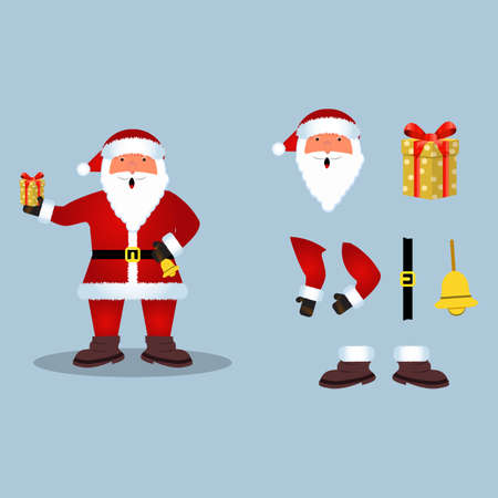 Christmas Santa Claus vector design on a rusty light blue background. Santa Claus elements design with a Christmas gift and ring bell. A Santa Clause vector illustration for the Christmas event.のイラスト素材