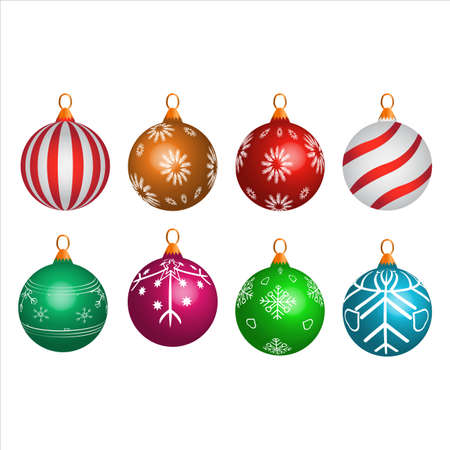 Multicolor Christmas ball vector design collection for tree ornaments. Christmas colorful ball set design on a white background. Set of Christmas ball for tree decoration. Vector illustration.のイラスト素材