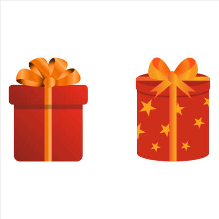 Christmas set of gifts vector design on a white background. Round and square gift box design with red color wrap paper and golden color ribbon. Gift design for anniversaries or Christmas events.のイラスト素材