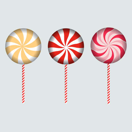Christmas round candy with red, off-white, pink, and white color strips. Round candy design on a pink background. Set of three Christmas candies. Christmas candy vector design collection for kids.のイラスト素材
