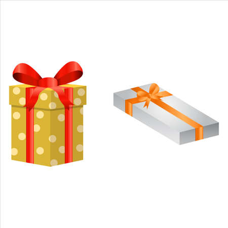 Christmas set of gifts vector design on a white background. Gift box design with yellow and white color wrap paper with golden and red color ribbon. Gift design for anniversaries or Christmas events.のイラスト素材