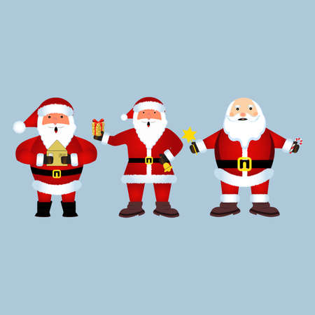 Christmas set of Santa Claus vector design on a rusty light blue background. Santa Claus elements design collection with bell, envelope, and gift. Santa Claus ringing Christmas bell and giving gifts.のイラスト素材