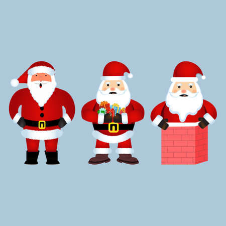 Christmas set of Santa Claus vector design on a rusty light blue background. Santa Claus elements design collection with so many gifts. Santa Clause trying to get inside the house through the chimney.のイラスト素材