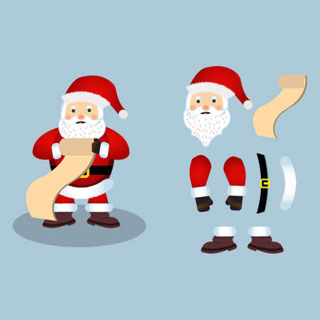 Christmas Santa Claus vector design on a rusty light blue background. Santa Claus design elements with a long list of Christmas gifts. Happy Santa Clause flat element design.のイラスト素材