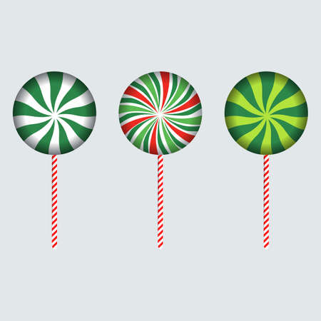 Christmas round candy with red, off-white, pink, and lime color strips. Round candy design on an ash background. Set of three Christmas candies. Christmas candy vector design collection for kids.のイラスト素材