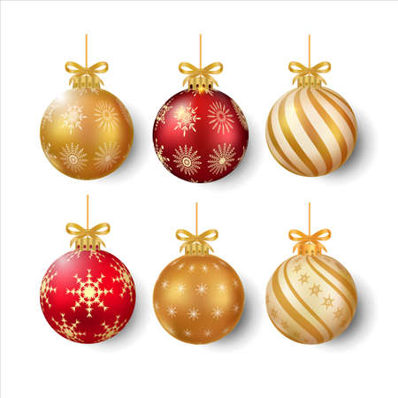 Christmas tree decoration elements with luxurious red and golden color and golden ribbon. 3D ball design with snowflake and stirp art. Realistic 3D ball design collection for Christmas tree decoration.のイラスト素材