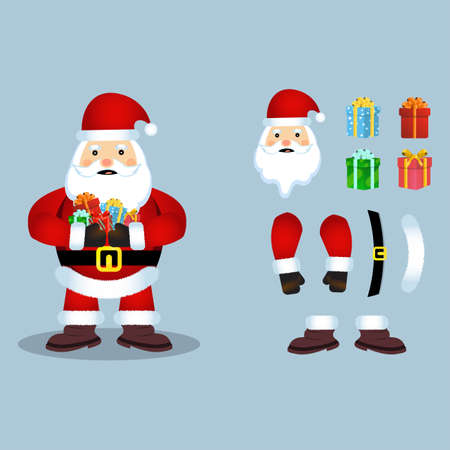 Christmas Santa Claus vector design on a rusty light blue background. Santa Claus design elements with a lot of Christmas gifts. Beautiful Santa Clause flat element design.のイラスト素材