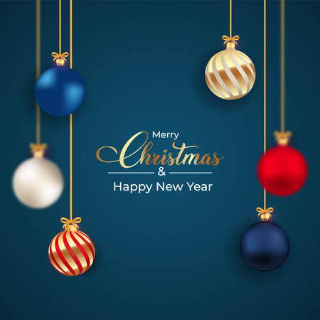 Christmas blue color background with luxurious red, blue, white, and golden decoration balls. 3D ball design with multiple colors on a dark blue background. 3D realistic ball design with calligraphy.のイラスト素材