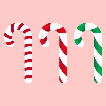 Christmas candy cane with red, green, and white color strip set design on a pink background. Set of three Christmas candy for card decoration. Christmas candy cane vector design collection for kids.のイラスト素材