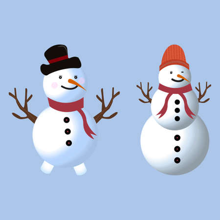 Christmas element design with two happy snowmen. Winter snowmen design with legs, neck muffler, tree branch, carrot nose, gloves, hat, and buttons. Cute snowman vector design on a blue background.のイラスト素材