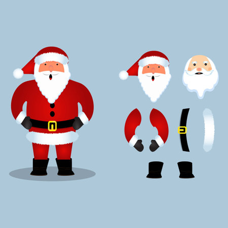 Christmas Santa Claus vector design on a rusty light blue background. Santa Claus element design with the different parts of his body. A Santa Clause vector illustration for the Christmas event.のイラスト素材