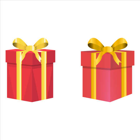 Christmas set of gifts vector design on a white background. Gift box design with red and pink color wrap paper with golden color ribbon. Gift design for anniversaries, birthdays, or Christmas events.のイラスト素材