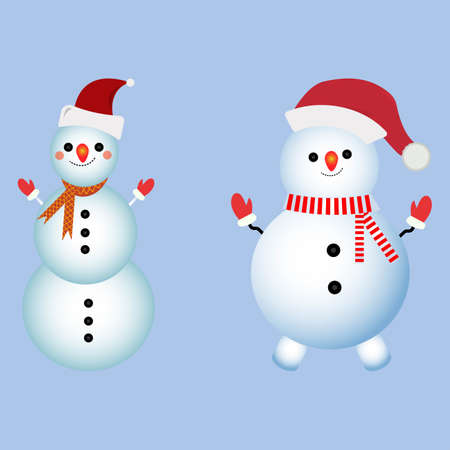 Christmas element design with two happy snowmen. Winter snowmen design with smiling face, legs, neck muffler, tree branch, gloves, snow hat, and buttons. Cute snowman vector design on blue background.のイラスト素材