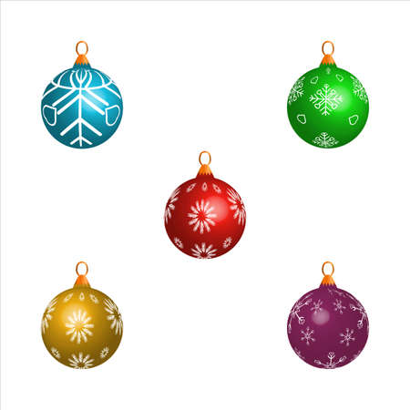Set of five Christmas balls for tree decoration. Christmas ball vector design on a white background. Multicolor Christmas ball vector illustration for tree ornaments vector illustration.のイラスト素材