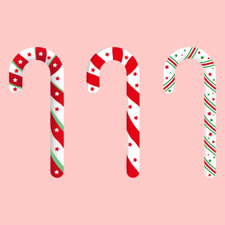 Christmas red, green, and white color candy cane set design on a pink background. Set of Christmas candy for card decoration. Christmas candy cane vector design collection for kids.のイラスト素材