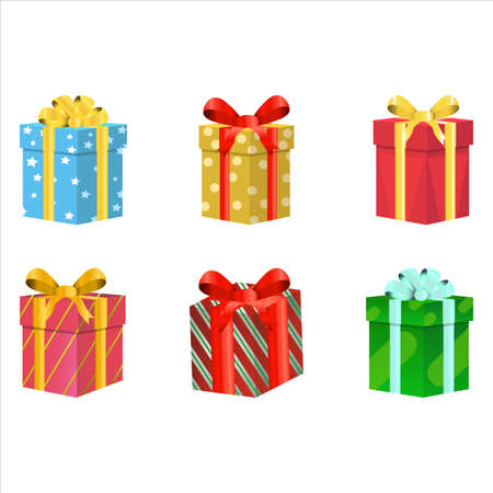 Christmas set of gifts vector design on a white background. Gift box design with multicolor wrap paper and also with colorful ribbon. Gift collection for anniversaries, birthdays, or Christmas events.のイラスト素材