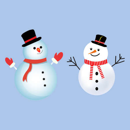 Christmas element design with two happy snowmen. Winter snowmen design with neck muffler, tree branch, carrot nose, gloves, hat, and buttons. Cute snowman vector design on a blue background.のイラスト素材