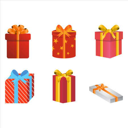Gift box design with multicolor wrap paper and also with colorful ribbon. Christmas gifts set vector design on a white background. Gift collection for anniversaries, birthdays, or Christmas events.のイラスト素材