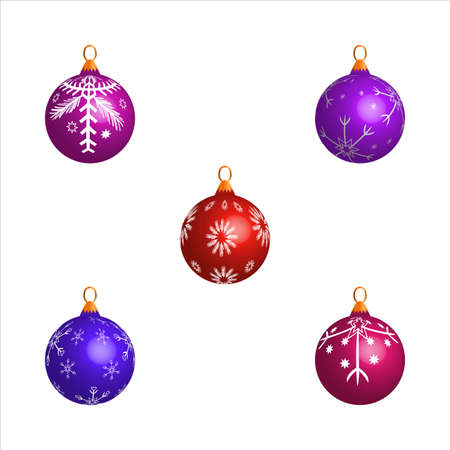 Collection of five Christmas balls for tree decoration. Christmas ball vector design on a white background. Colorful Christmas ball design for tree ornaments.のイラスト素材