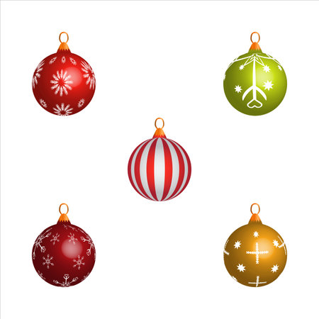 Christmas ball design on a white background. Multicolor Christmas ball vector illustration for tree ornaments. Set of Christmas ball for tree decoration. Vector illustration.のイラスト素材